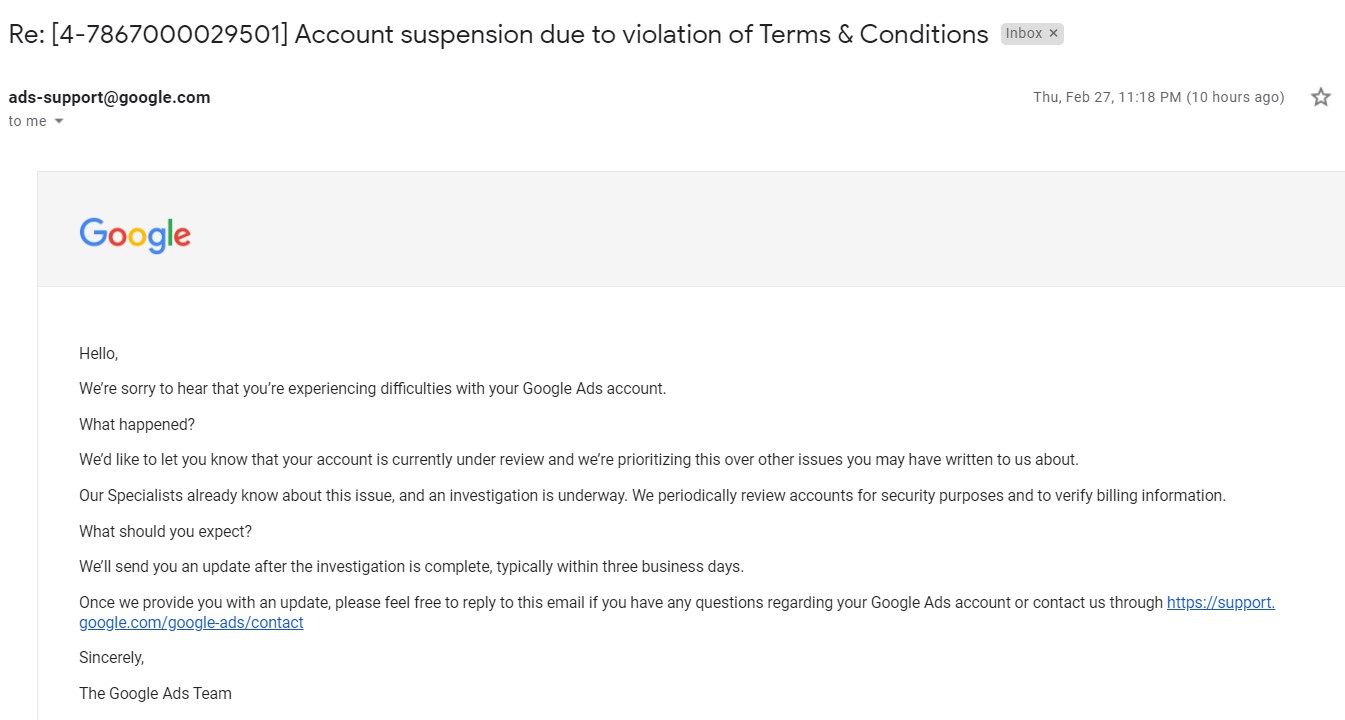 Suspended Google Ads Account Recovered