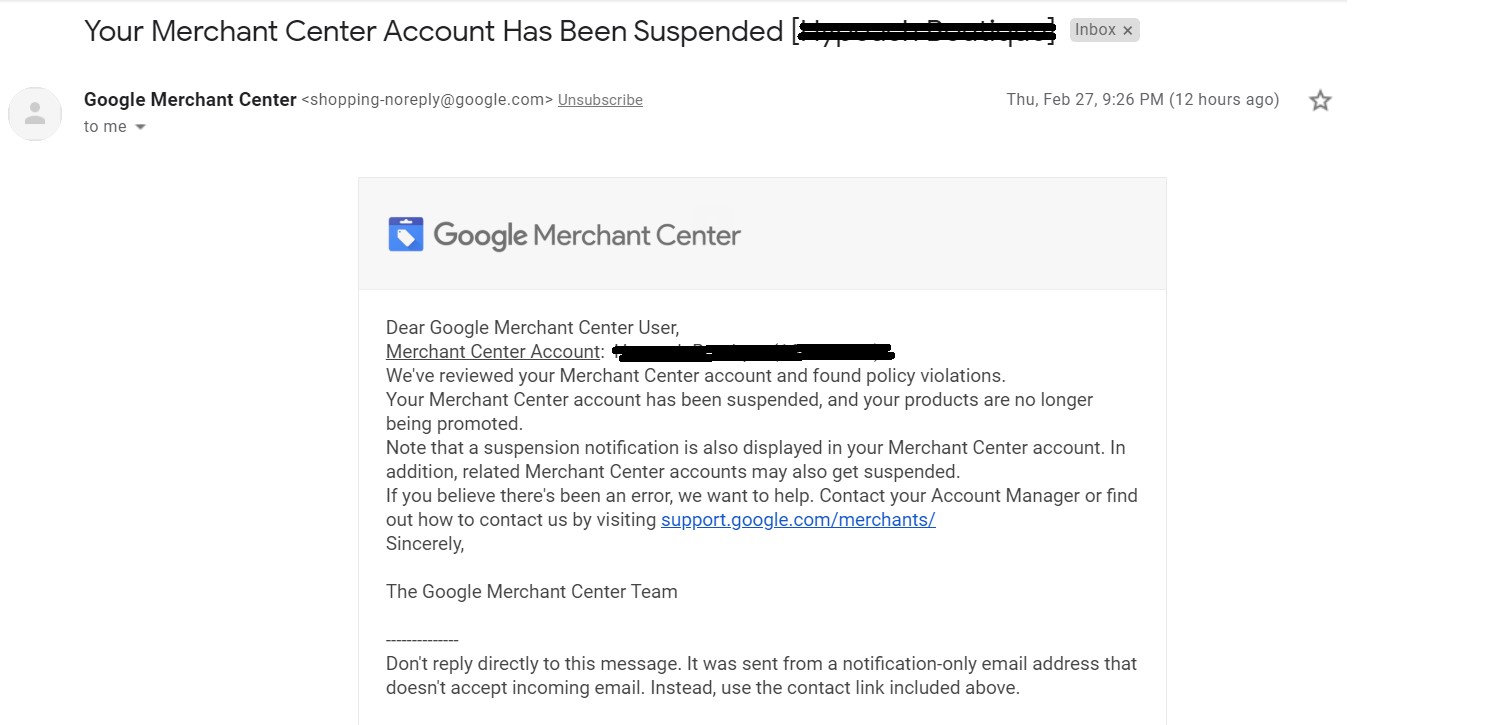 Google Ads Merchant Center Account Suspended