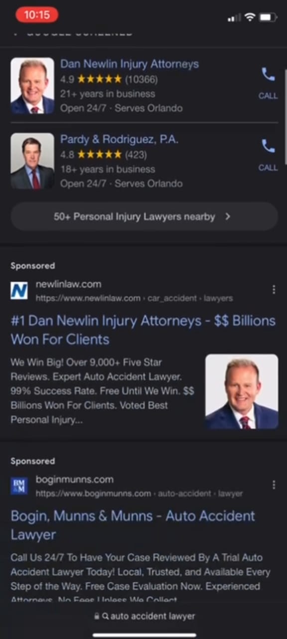 Car accident attorney Google Ads results
