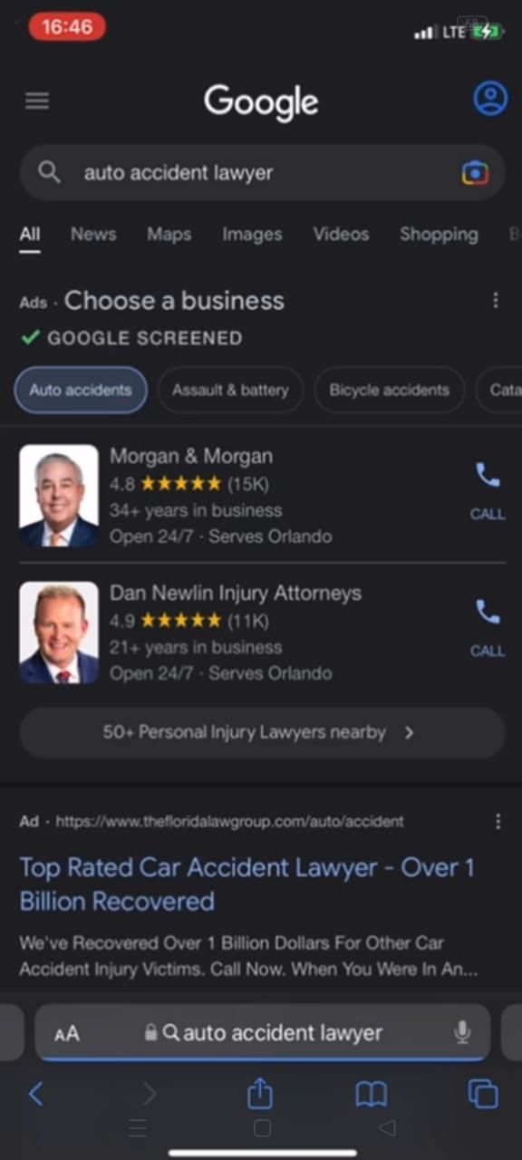 Car accident attorney Google Ads results