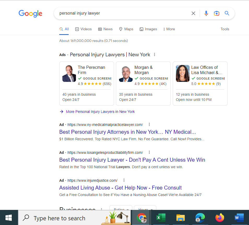 First fold Google search results for personal injury lawyer in new york-techifox