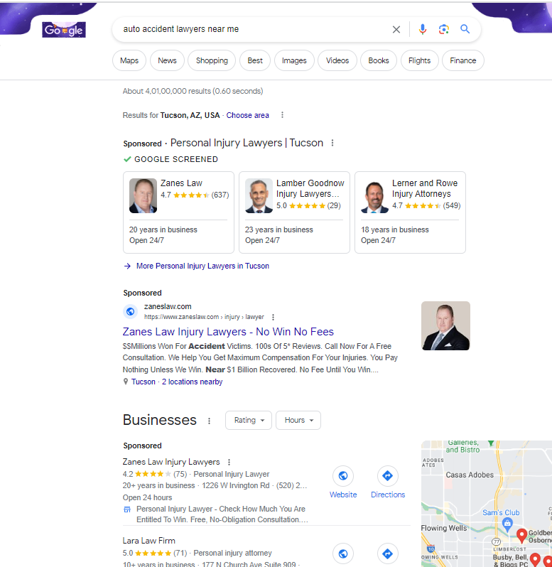 Personal Injury Lawyer Client Ranking for LSA, Search and Map Ads